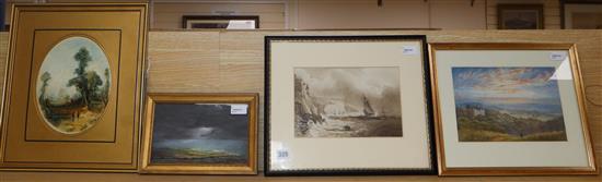 Copley Fielding (1787-1855), en grisaille coastal scene with vessels, watercolour and three other paintings,